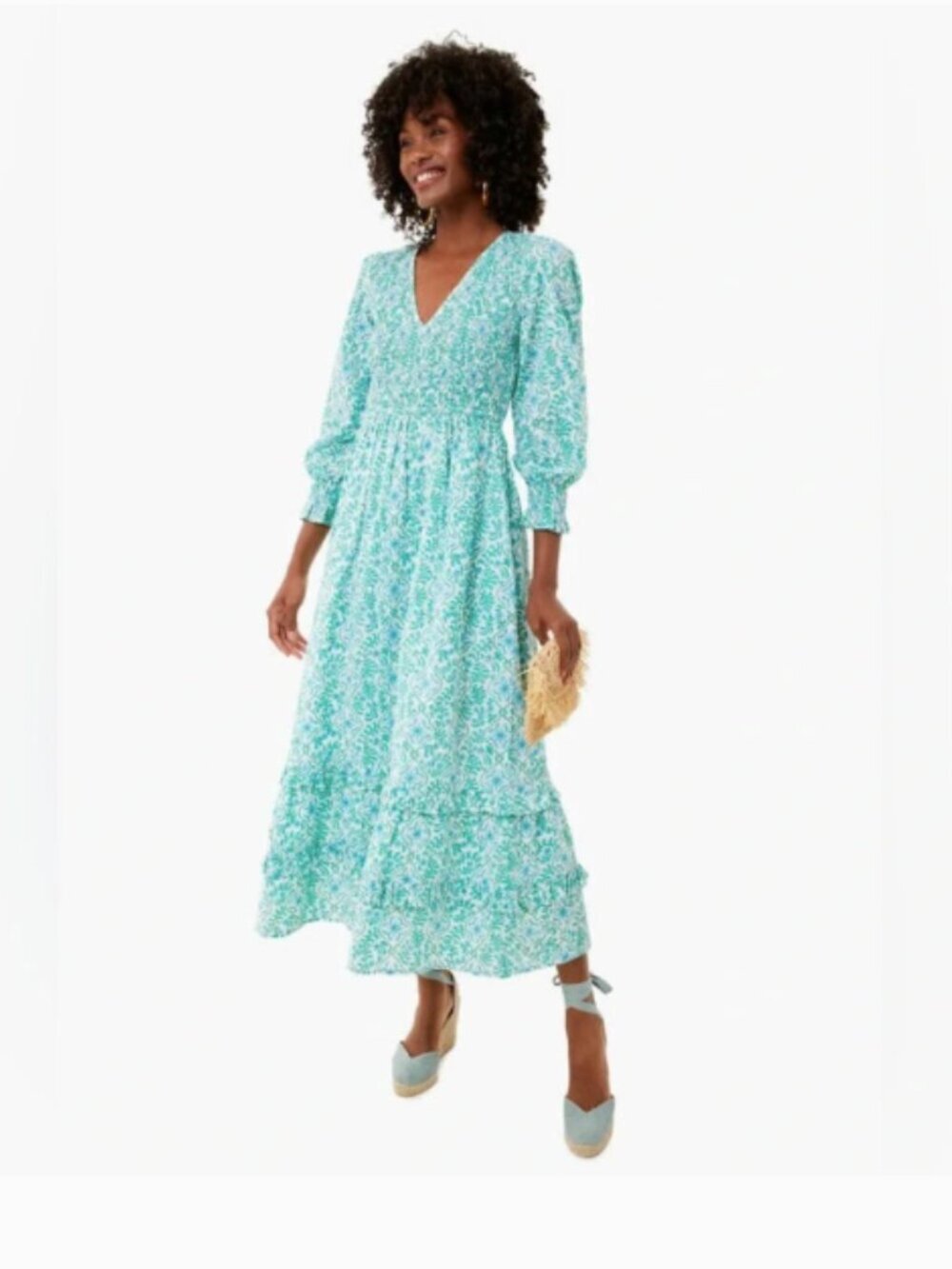 Pink City Prints Tuckernuck Isabel Smocked Midi Dress Mint Trellis Cotton XS
